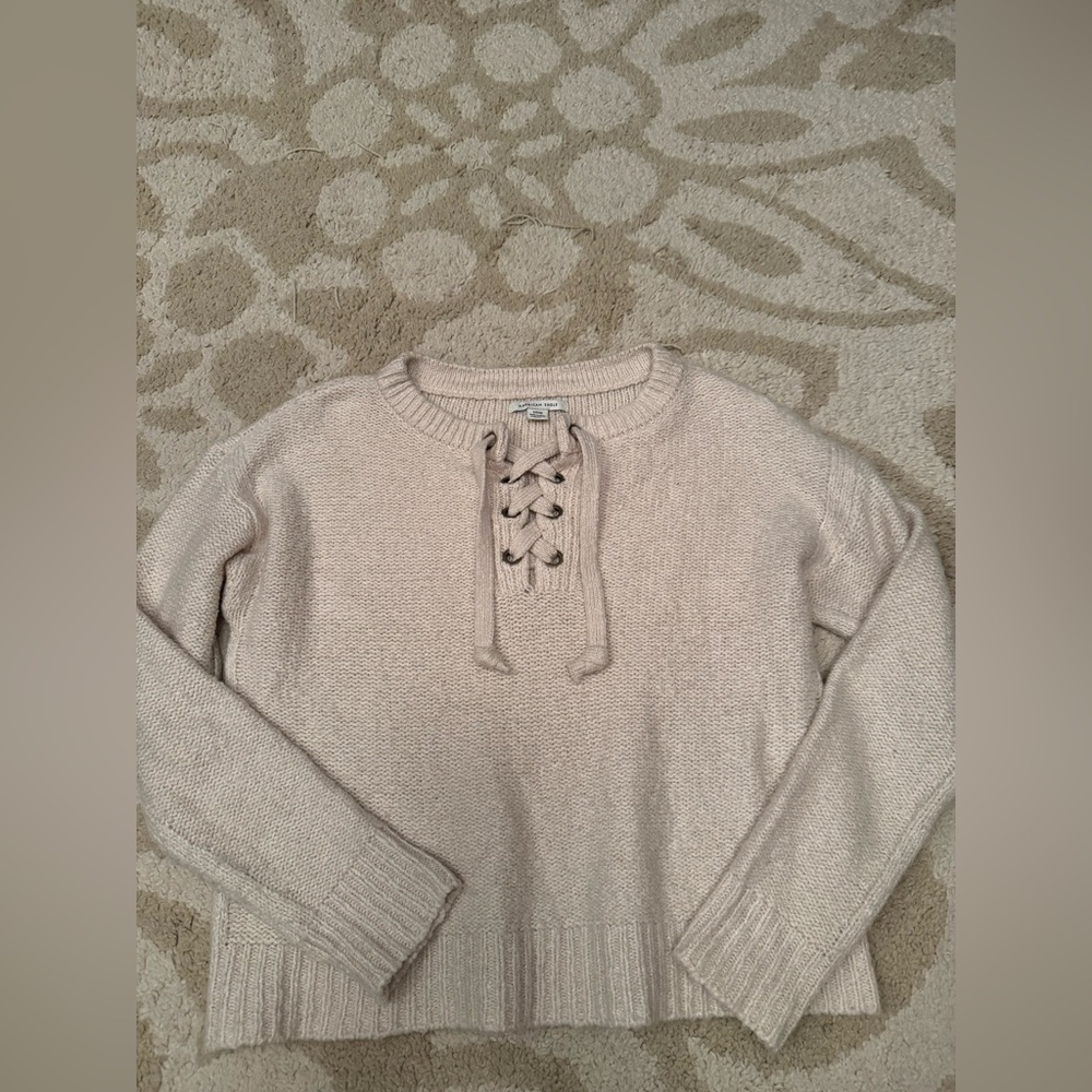 American Eagle Outfitters Cream Lace-Up Sweater. Cropped